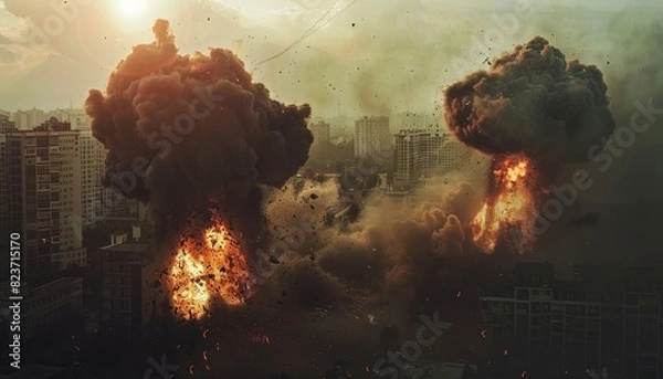 Fototapeta An atomic bomb explodes in the City, the silhouette of a metropolis in ruins, a world conflict between nuclear powers. 