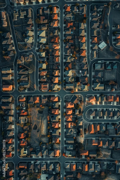 Fototapeta Aerial view of a suburban neighborhood with a minimalist layout, highlighting the repetitive patterns of houses and streets. Use a muted color palette to enhance the simplicity