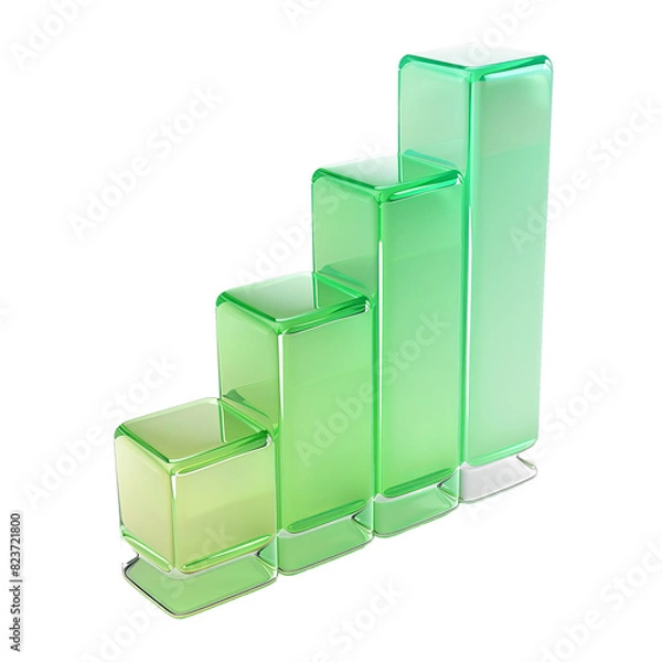 Fototapeta Bar chart, 3d icon, glass texture, with green gradient, isolated on white background