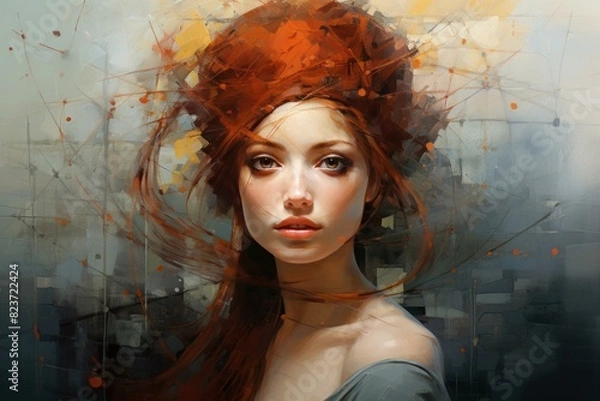 Fototapeta Digital painting of a woman with an abstract hairdo, combining realism with modern art elements