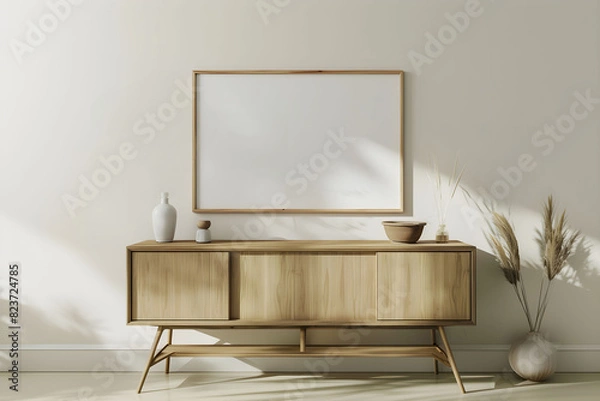 Fototapeta Living room with wooden dresser and empty horizontal frame. Modern Japandi interior for wall art mock up.