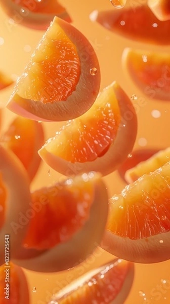 Fototapeta Close-up of a juicy orange slices flying in the air against a yellow background.