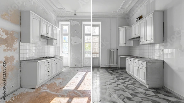 Fototapeta Contrast of kitchen renovation, before and after