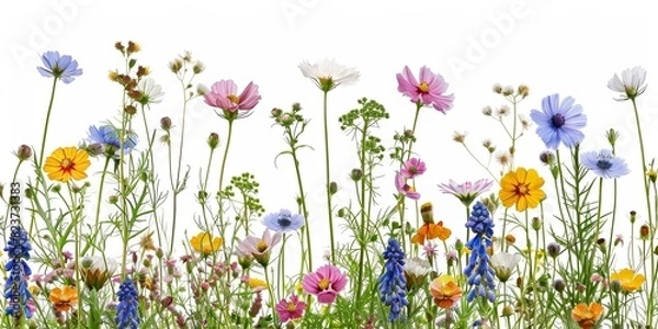 Fototapeta Colorful wildflowers, set against a white background, make a vibrant natural spectacle.