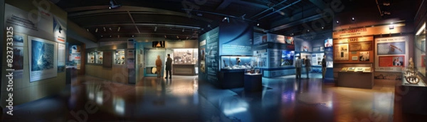 Fototapeta Museum Exhibition Floor: Featuring display cases, artifacts, interactive exhibits, and visitors exploring the exhibits