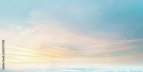 Fototapeta Panoramic illustration of light blue sky with cloudy haze and sea on horizon. Serene minimalistic design ideal for modern digital art, wallpapers and backgrounds for various projects