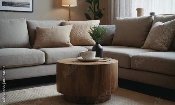 Fototapeta Round wooden coffee table near wooden sofa with beige pillows. Scandinavian home interior design of modern living room.