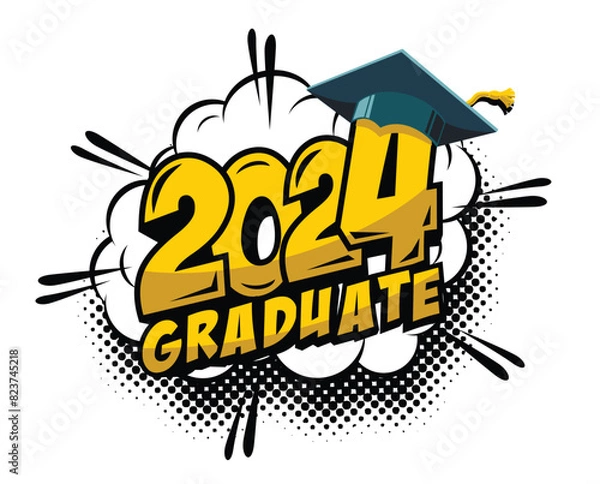 Obraz 2024 class graduate header. Decorate congratulation for school graduates in comic cartoon style. Vector on transparent background