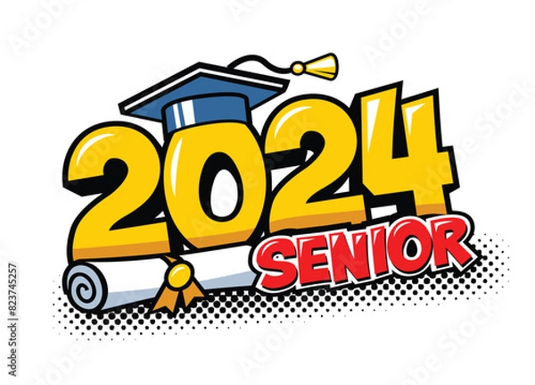 Obraz 2024 class graduate header. Decorate congratulation for school graduates in comic cartoon style. Vector on transparent background