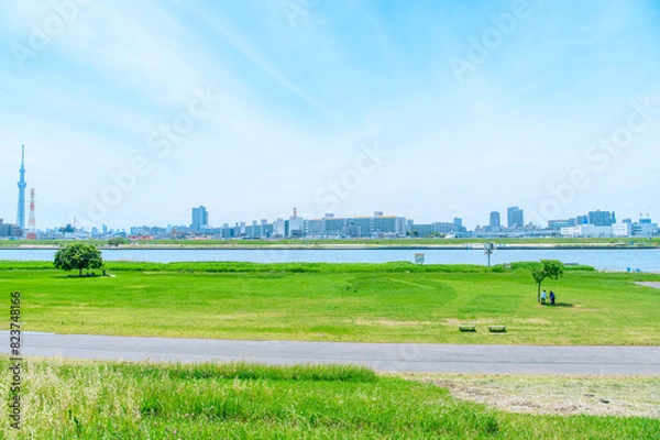 Obraz 初夏に広がる青空・河川敷