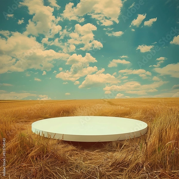 Fototapeta An empty platform as a mockup with an agricultural field in the background