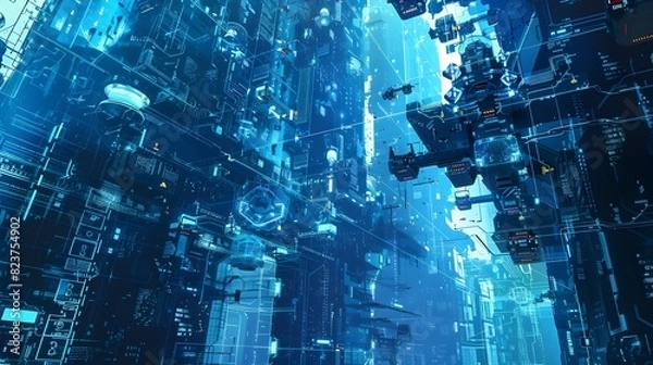 Fototapeta Futuristic Cityscape of Neon Lit Towers and Interconnected Structures in a Landscape