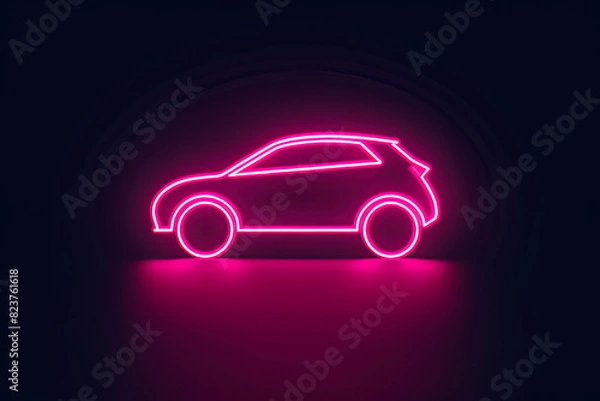 Fototapeta Illustration. Simple and minimalist logo of a car silhouette in pink neon, on a black background.