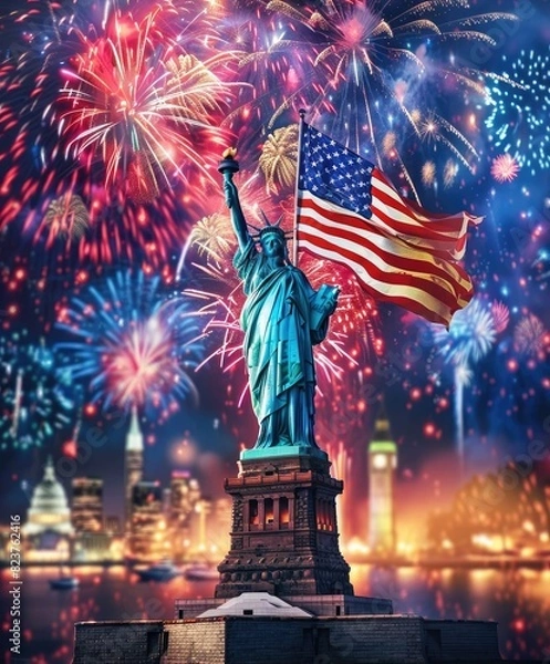 Fototapeta Illustration of the Statue of Liberty with an American flag and fireworks in the background. a symbol of America