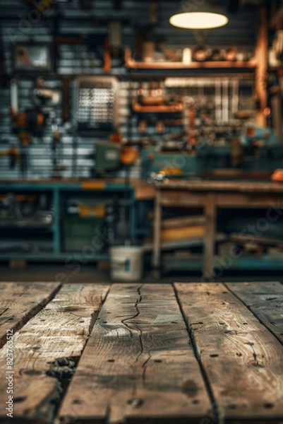 Fototapeta A wooden workbench in the foreground with a blurred background of an industrial workshop. The background includes various tools and equipment, metalworking machines, safety gear, and shelves.