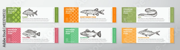 Fototapeta Fish Seafood Vector Packaging Label Design Collection Modern Typography and Hand Drawn Tilapia, Eel, Pike and Pangasius Product Background Layouts Set