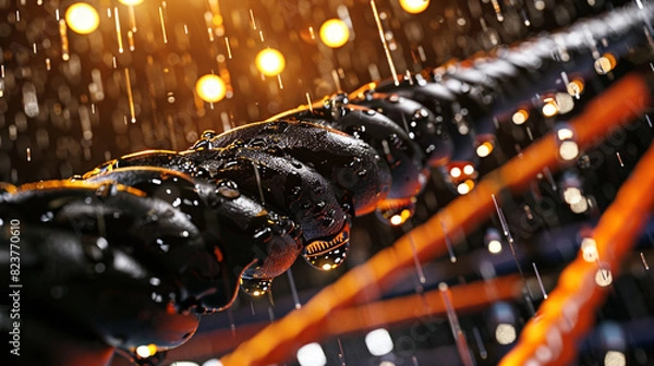 Fototapeta A close-up shot focusing on the tension in the boxing ring ropes, with droplets of water reflecting the arena lights, symbolizing the intensity and sweat of the fight.
