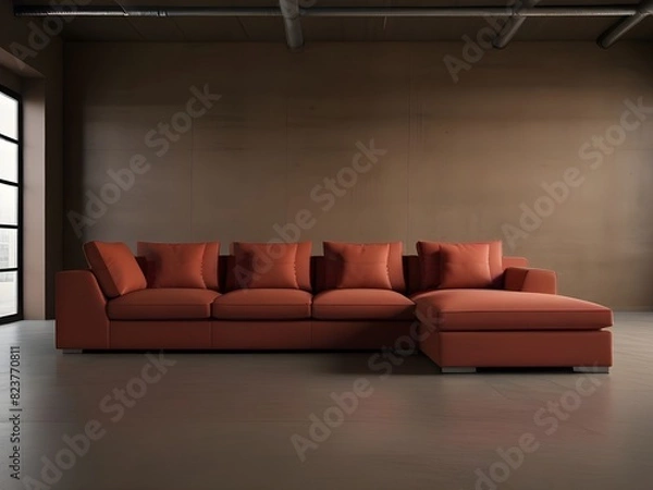 Obraz Red modular corner sofa against blank brown stucco