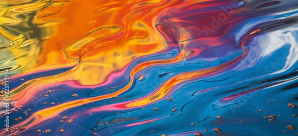 Fototapeta Rainbow oil spill, reflective surface, dynamic flow, Abstract background gasoline art colored, texture oil multicolored rainbow abstract gasoline spill