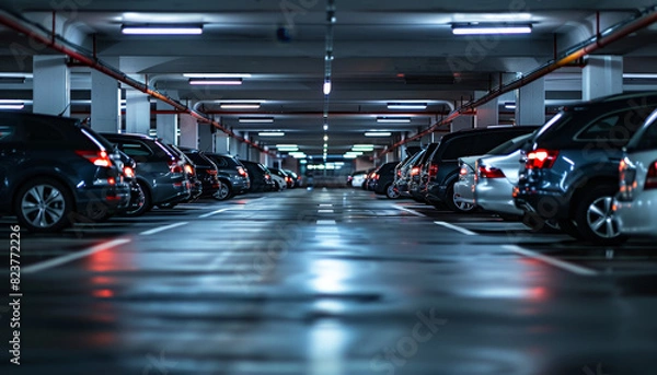 Fototapeta A parking lot with many cars parked in it by AI generated image