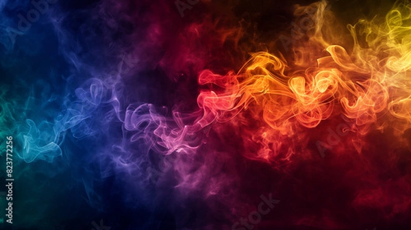 Fototapeta background, texture, Rainbow smoke, ethereal wisps, dark backdrop. Artificial smoke in red-blue light on black background in darkness