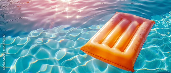 Fototapeta  holographic inflatable air mattress floating in pool with copy space for text