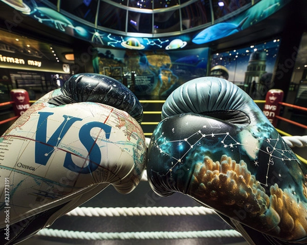 Fototapeta Boxing gloves with a star map and ocean map design, with "VS" letters in a theme of sky and sea, set against a backdrop of a planetarium and an oceanographic museum.