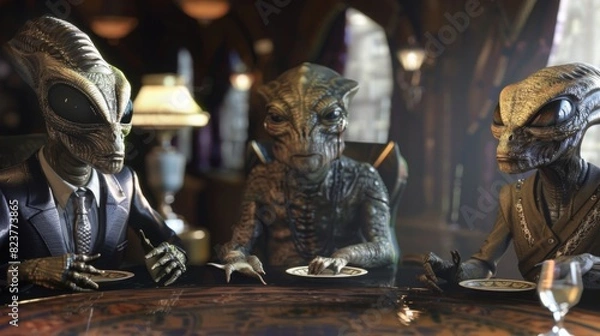 Fototapeta Three aliens, dressed in business attire, are seated around a table in an elaborate meeting room, engaging in discussion.