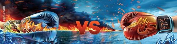 Fototapeta Boxing gloves with a fire flame and water wave design, with "VS" letters in a clash of elements, set against a backdrop of a blazing fire and a calm sea.