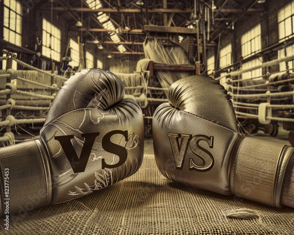 Fototapeta Boxing gloves with a silk and burlap texture, with "VS" letters contrasting luxury and simplicity, set against a backdrop of a silk weaving factory and a burlap sack workshop.