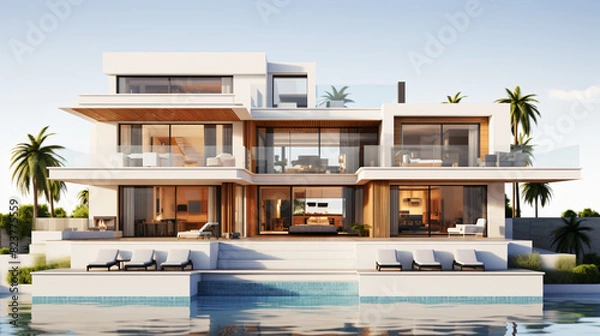 Fototapeta 3d rendered illustration of a modern 3 story house with swimming pool