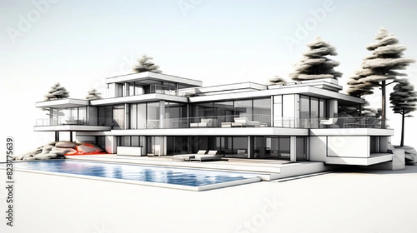 Fototapeta 3d rendered illustration of a modern 2 story house with with white background