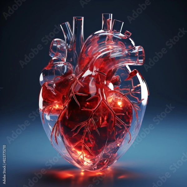 Obraz 3d rendered transparent human heart in dark background