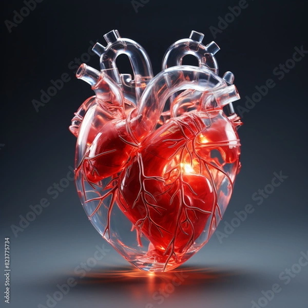 Obraz 3d rendered transparent human heart in dark background
