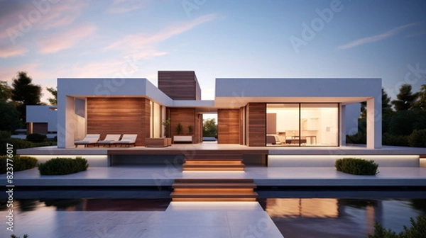 Fototapeta 3d rendered illustration of a modern open house with swimming pool