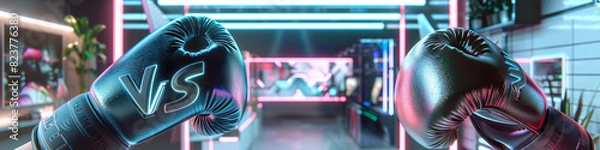 Fototapeta Boxing gloves in a holographic shimmer and a matte finish, with "VS" letters that blend futurism and simplicity, set against a backdrop of a tech expo and a minimalist gallery.