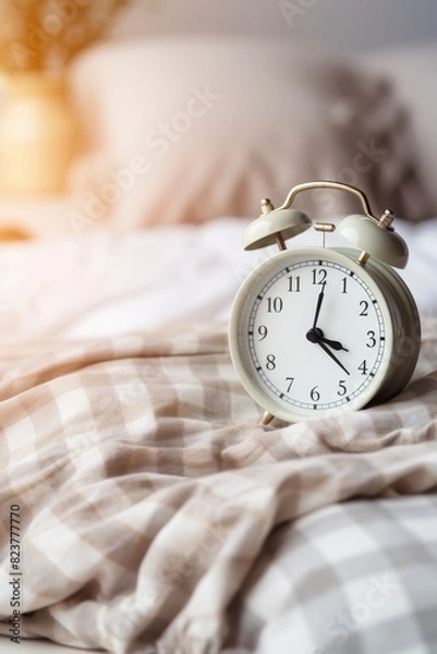 Fototapeta Alarm clock on the bed with pillow and blanket, bed time or waking up concept