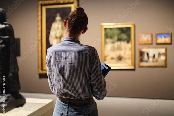 Fototapeta visitor in historical museum looking at art object