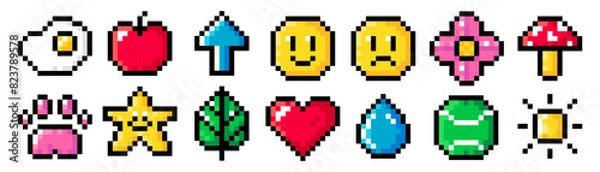 Fototapeta Pixel art set with cute objects isolated on a white background. Vector 8bit pixel illustration of scrambled eggs, emoji, mushroom, flower, apple, arrow, heart, sun, drop of water, star.
