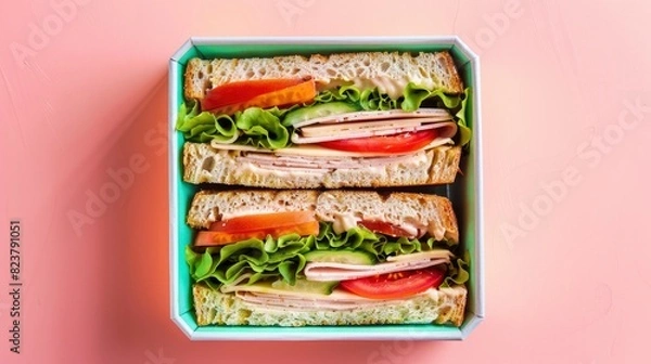 Fototapeta Top view of sandwich in lunch box isolated on pastel background.