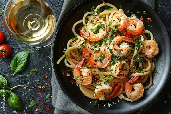 Fototapeta A plate of shrimp pasta with a glass of wine on a table