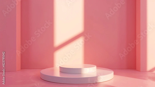 Fototapeta 3D render of an abstract podium in a studio setting against a solid pastel pink background. The podium has an unconventional shape and the scene is illuminated with soft, even lighting.

