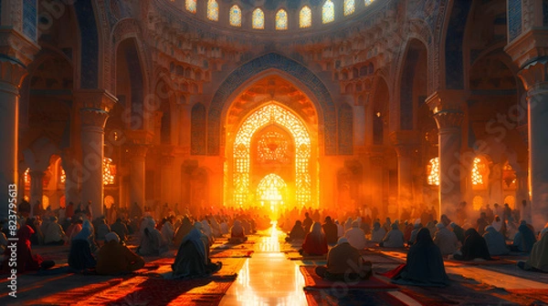 Fototapeta A serene Eid-al-Adha celebration scene with people gathering in front of a backdrop of intricate Islamic patterns, illuminated by soft lights