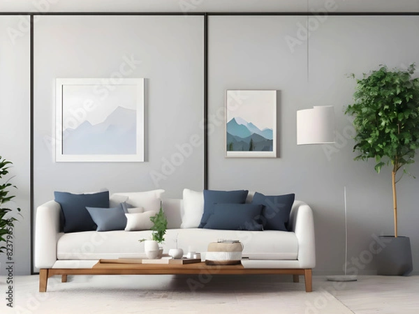 Fototapeta Frame mockup, ISO A paper size. Living room wall poster mockup. Interior mockup with house background. Modern interior design. 3D render