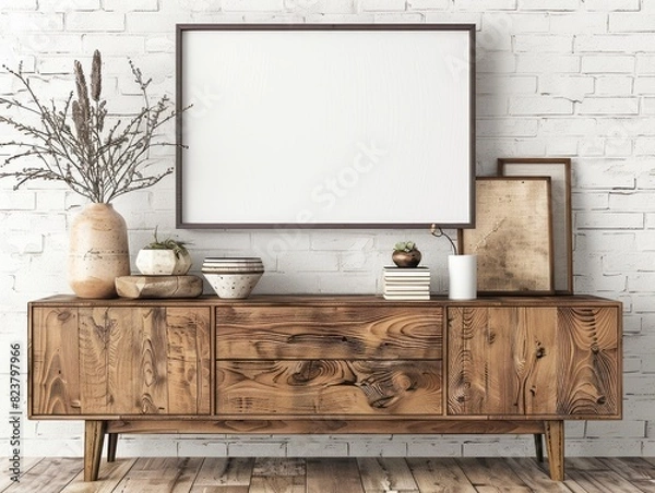 Fototapeta A sideboard with wall art mockup hanging on an old white brick wall, with a blank canvas for design space above the cabinet