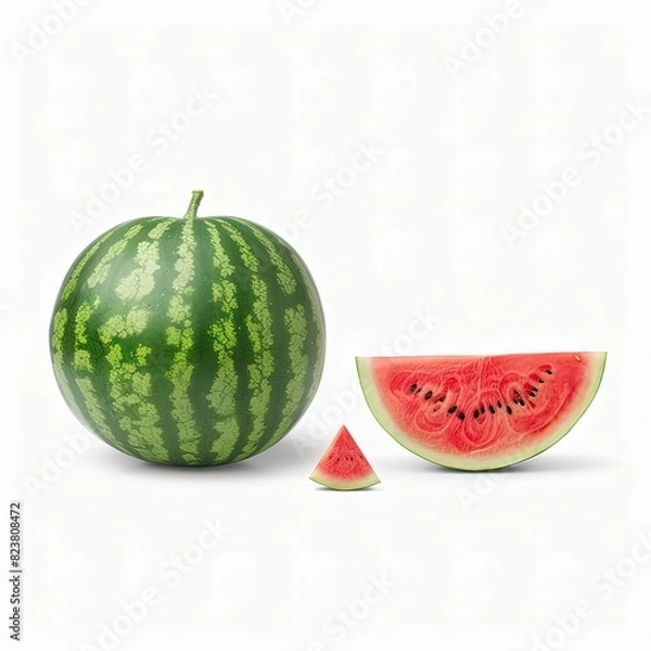 Fototapeta Watermelon whole fruit and cut fruit in studio, isolated, white background, no shadow, no logo