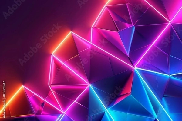 Obraz 3D rendering, abstract background with polygonal shapes and neon lights.