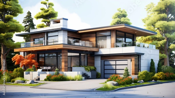 Fototapeta 3d rendering of a modern house with garden