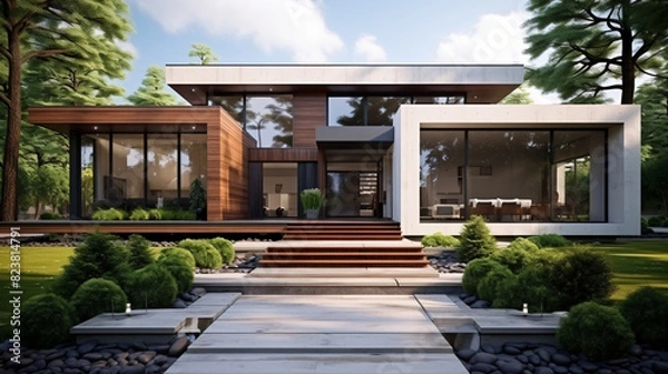 Fototapeta 3d rendering of a modern house with garden