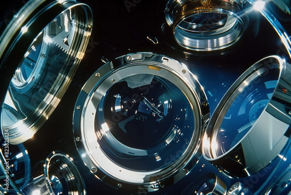 Fototapeta An exploded view of a fisheye lens, with its curved glass elements and metallic housing parts floating in space,